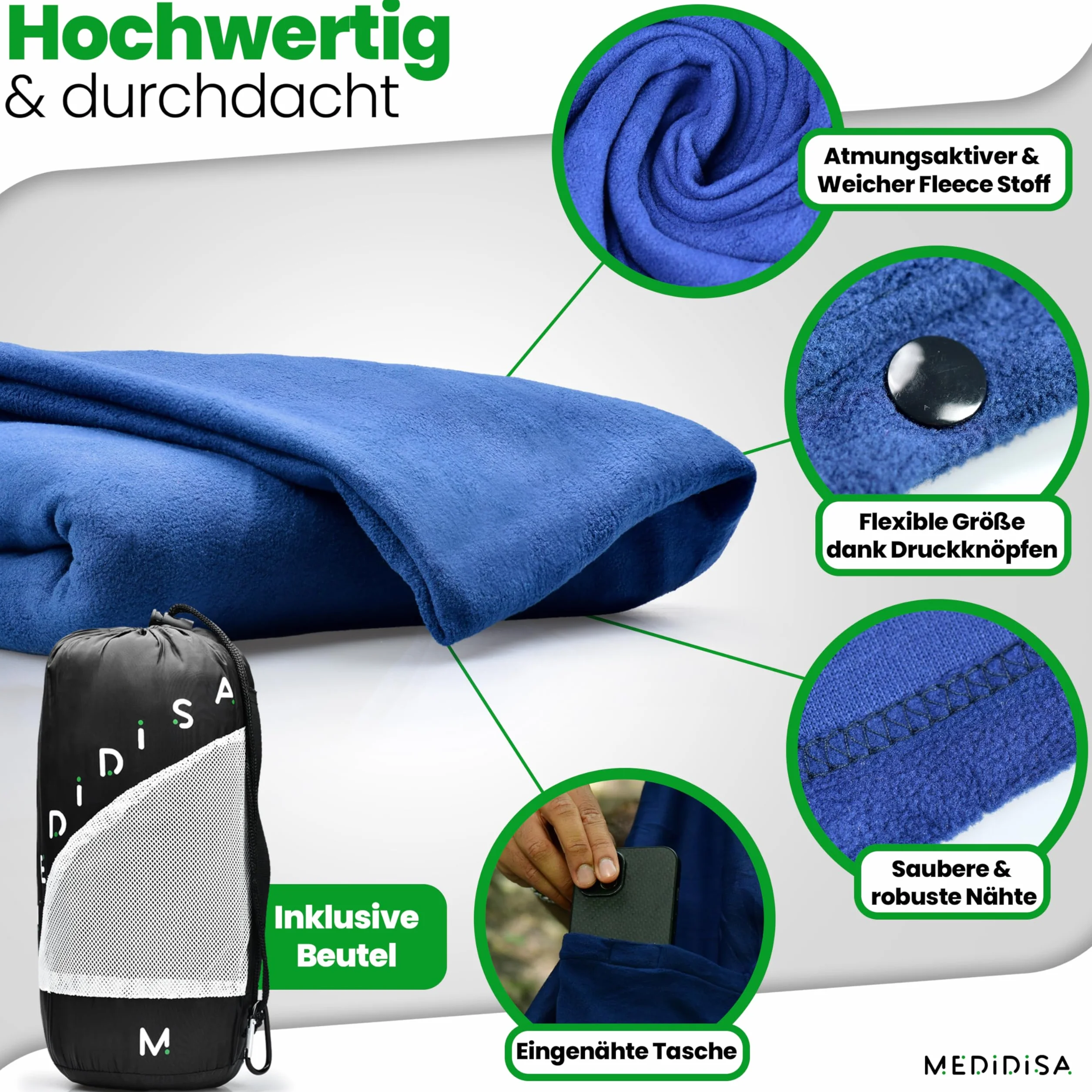Reisedecke Ultraleicht warm für Reisen & Camping (Fleece, 170x120 cm) - Leichte, warme Decke für Flug & Auto - Campingdecke dünn & atmungsaktiv für Kinder & Erwachsene (Marineblau)