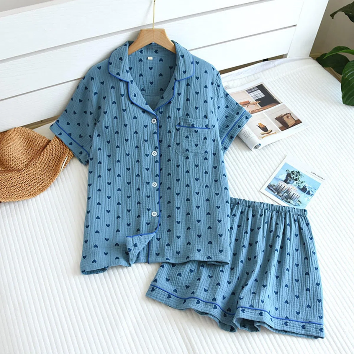 Schlafanzug Damen Mit Knöpfen, dünn, weich, Seersucker-, kurzärmelig, Shorts, liebevolle Heimkleidung Umstandsmode Kleid (Blue, M)