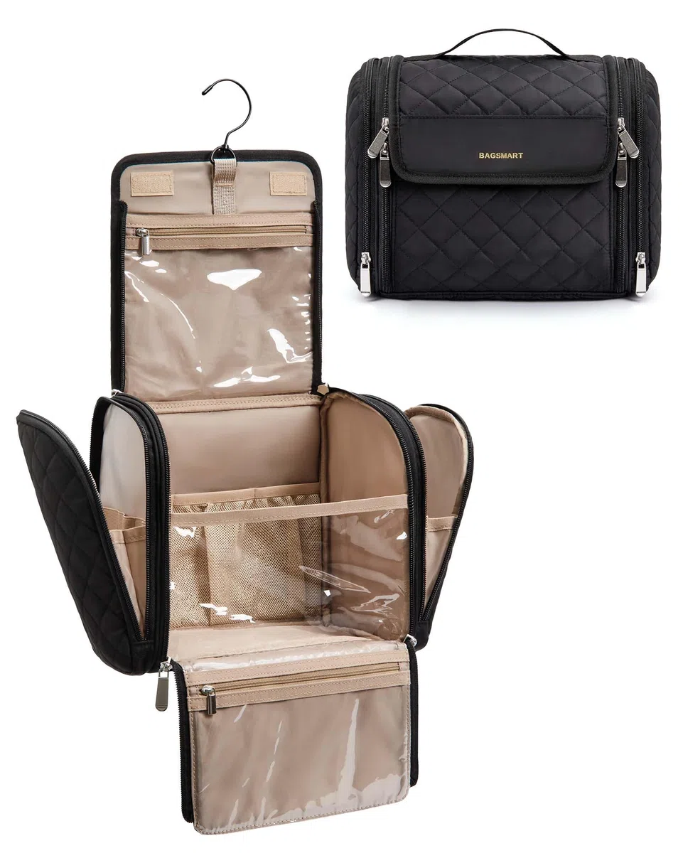 BAGSMART Groß Kulturbeutel Damen Kulturtasche Zum Aufhängen Kosmetiktasche Kulturbeutel Reisezubehör für Frauen & Mädchen Schwarz