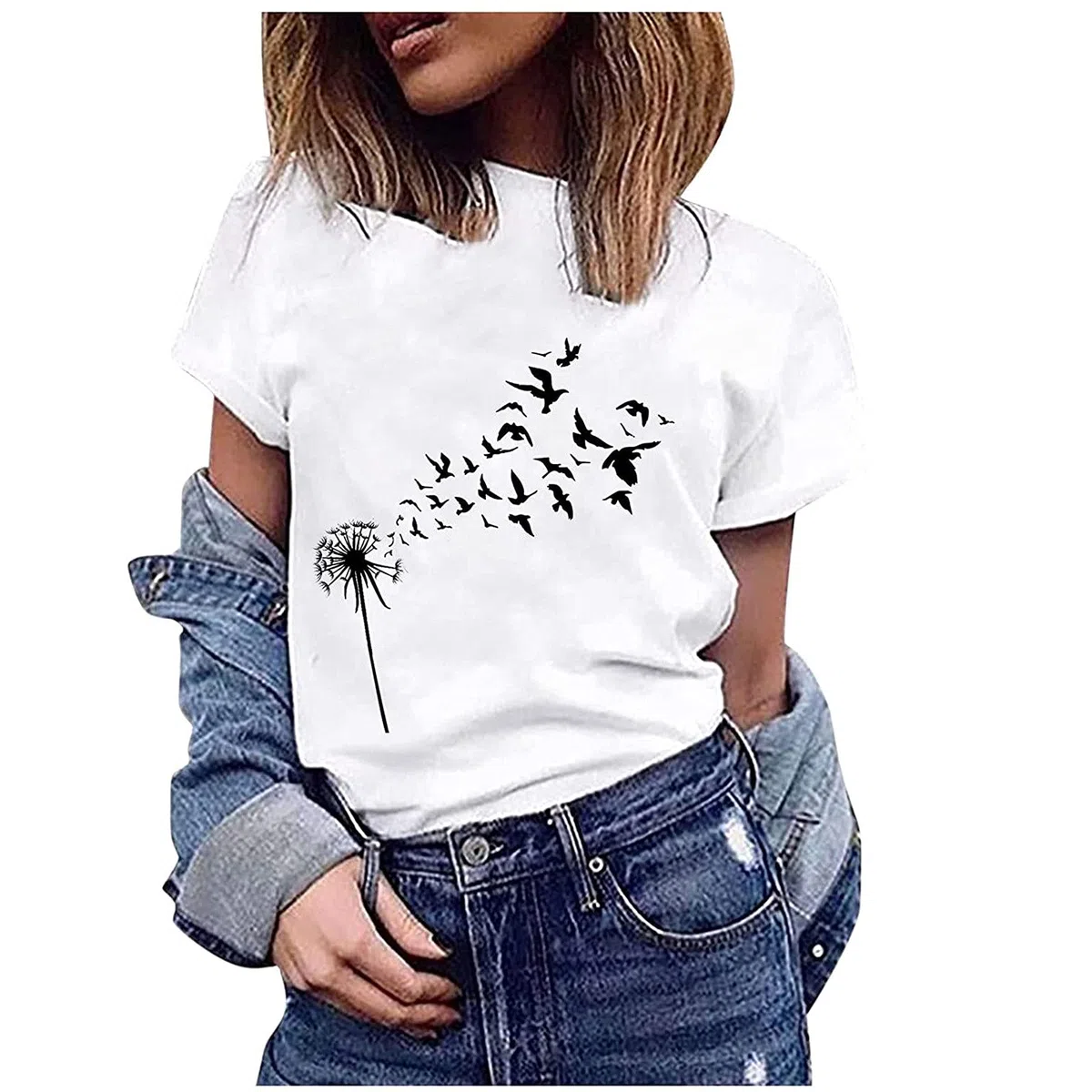 EMATOP Sommer Tshirt Damen Baumwolle Tops Lässig Lose Kurzarm Tee Shirts Basic Rundhals Oberteile Löwenzahn Schmetterling Muster Tunika Bluse Shirt Elegant Longshirt Teenager Mädchen Sportshirt