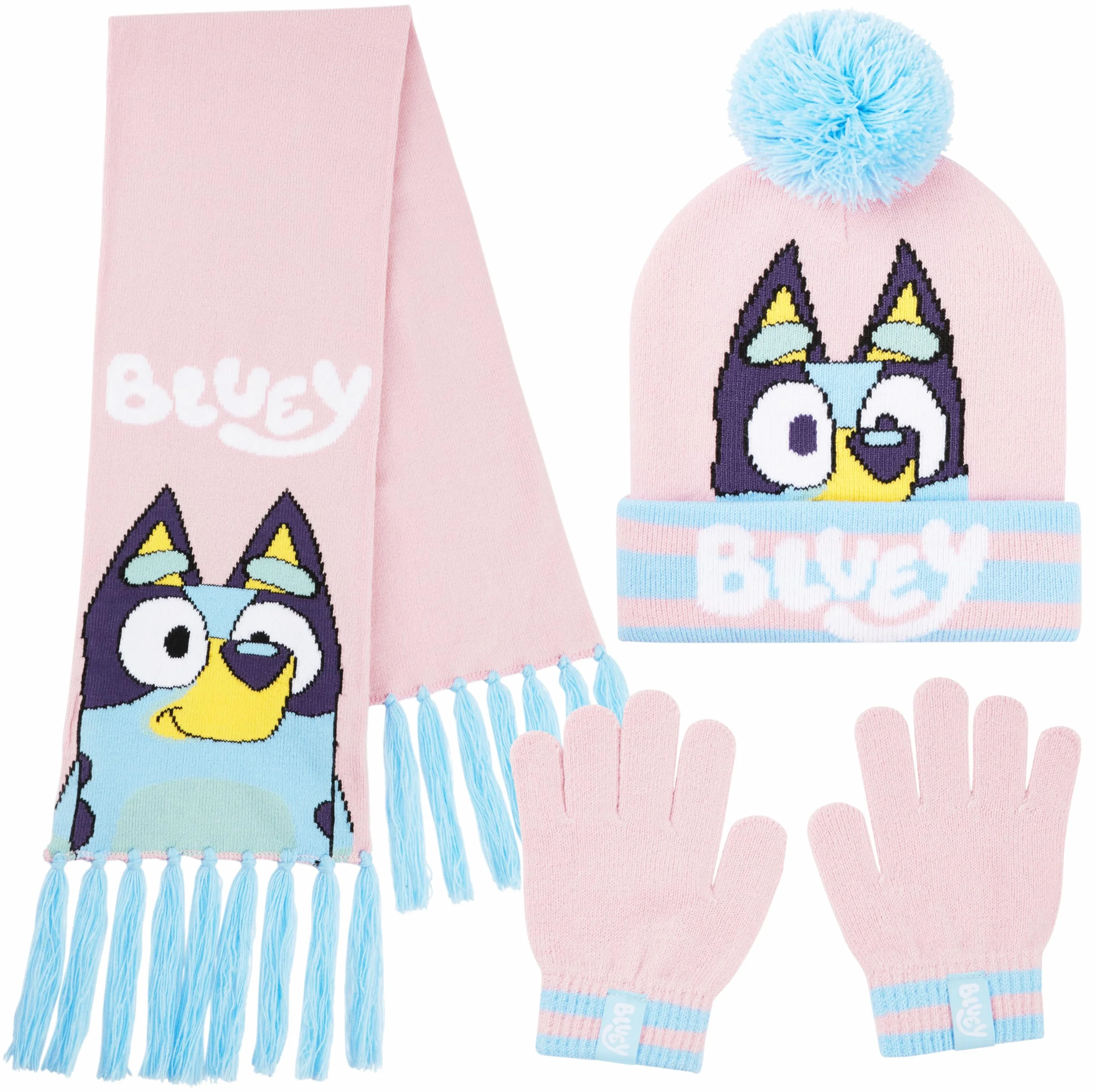 Bluey Mädchen Winter Accessoires Set, Mütze, Schal & Handschuhe oder Beanie & Handschuhe - Geschenke für Kinder