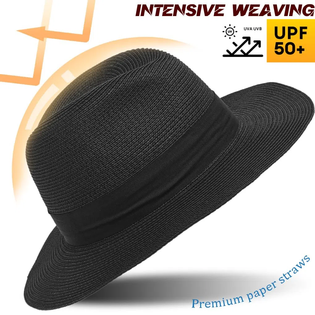 Ruphedy Strohhut Fedora für Damen, Sommer, breite Krempe, Panama-Strandhut, faltbar, UPF 50+