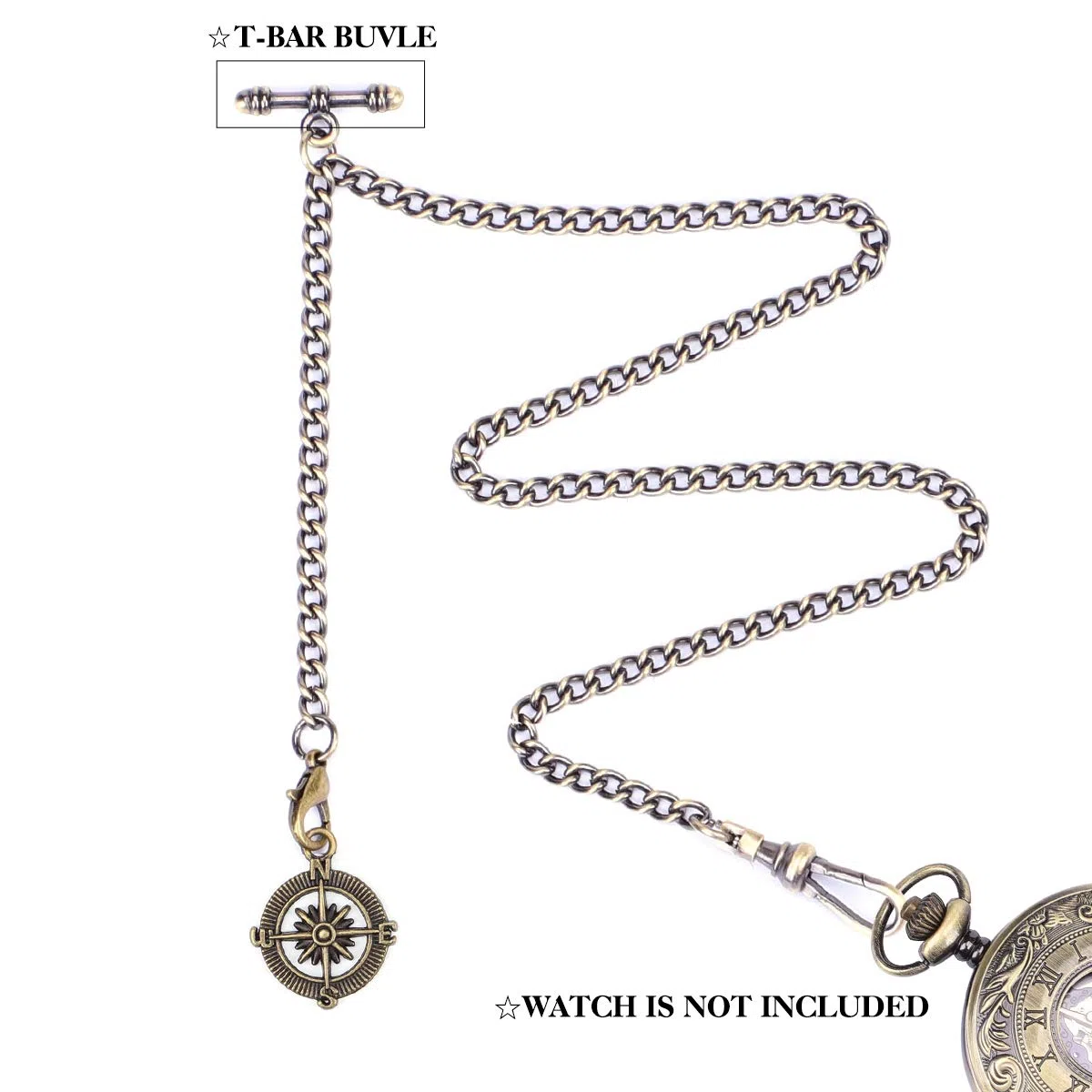 ManChDa Albert Chain Taschenuhr, T-Kette mit Kompass Anhänger, Curb Link Chain Kette 2 Haken, antike T-Bar für Herren