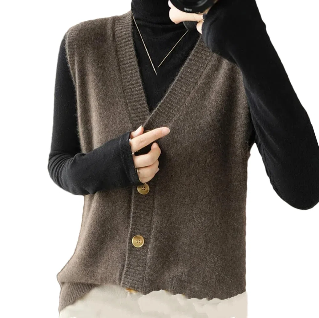 Damen Wolle Strickweste Cardigan Soloid V-Ausschnitt Pullover Pullover Weste
