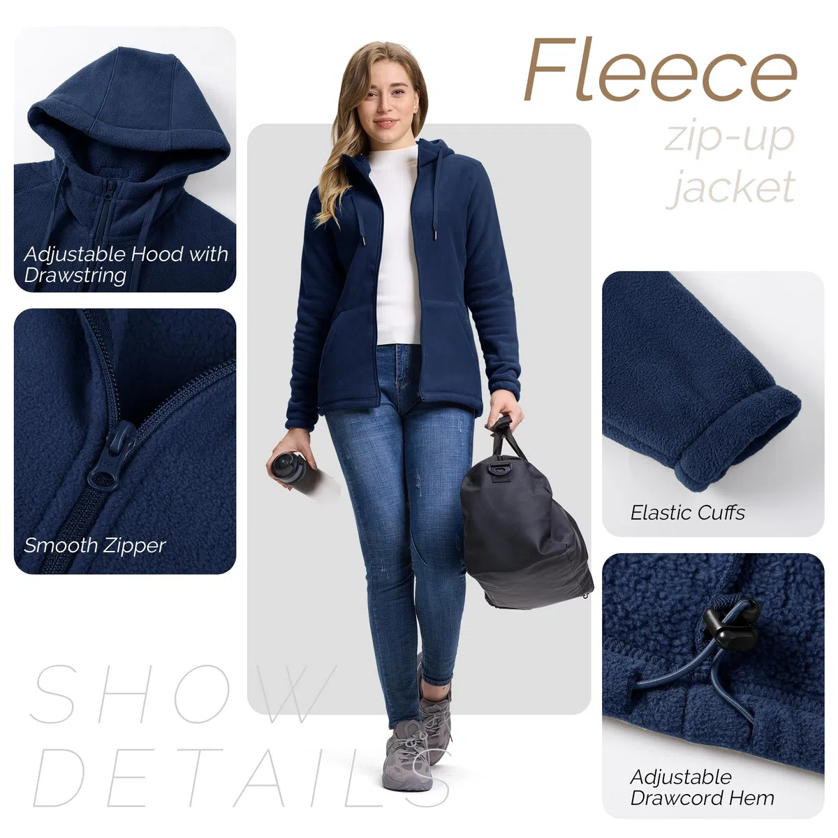 Outdoor Ventures Damen Fleecejacke mit Reißverschluss Hoodie Warm Kapuzenjacke 6 Taschen Wandern