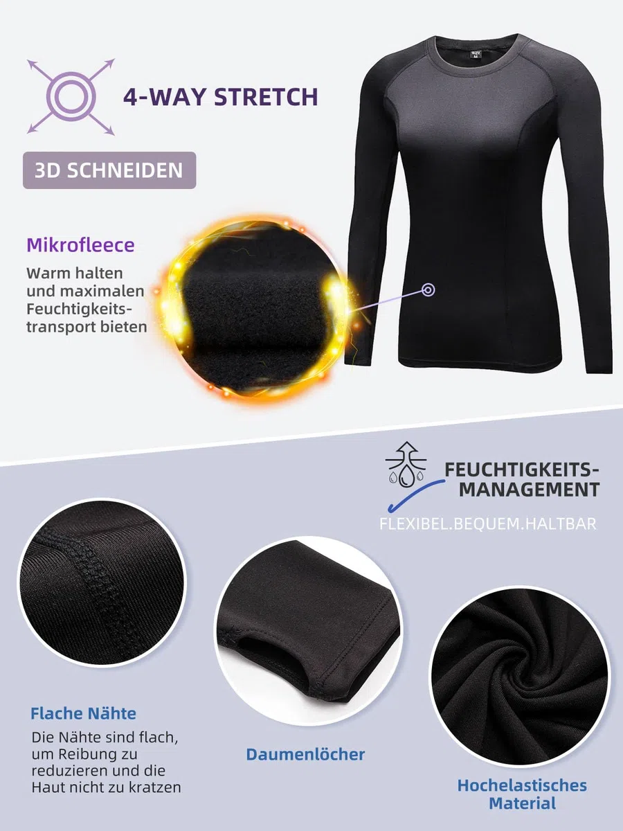 Thermounterwäsche Damen Extra Warm Daumenlöcher Thermo Skiunterwäsche Damen Oberteile Innenfleece Weich Frauen Ski Unterwäsche Gym Sport Wandern Funktionsunterwäsche