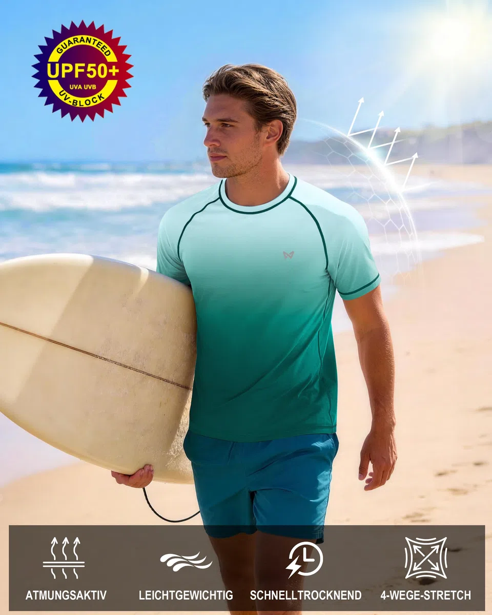 Herren Kurzarm UV-Shirt, UPF 50+ Sonnenschutz Schwimmshirt, Schnelltrocknend & Atmungsaktiv, Rashguard für Surfen, Schwimmen & Strand