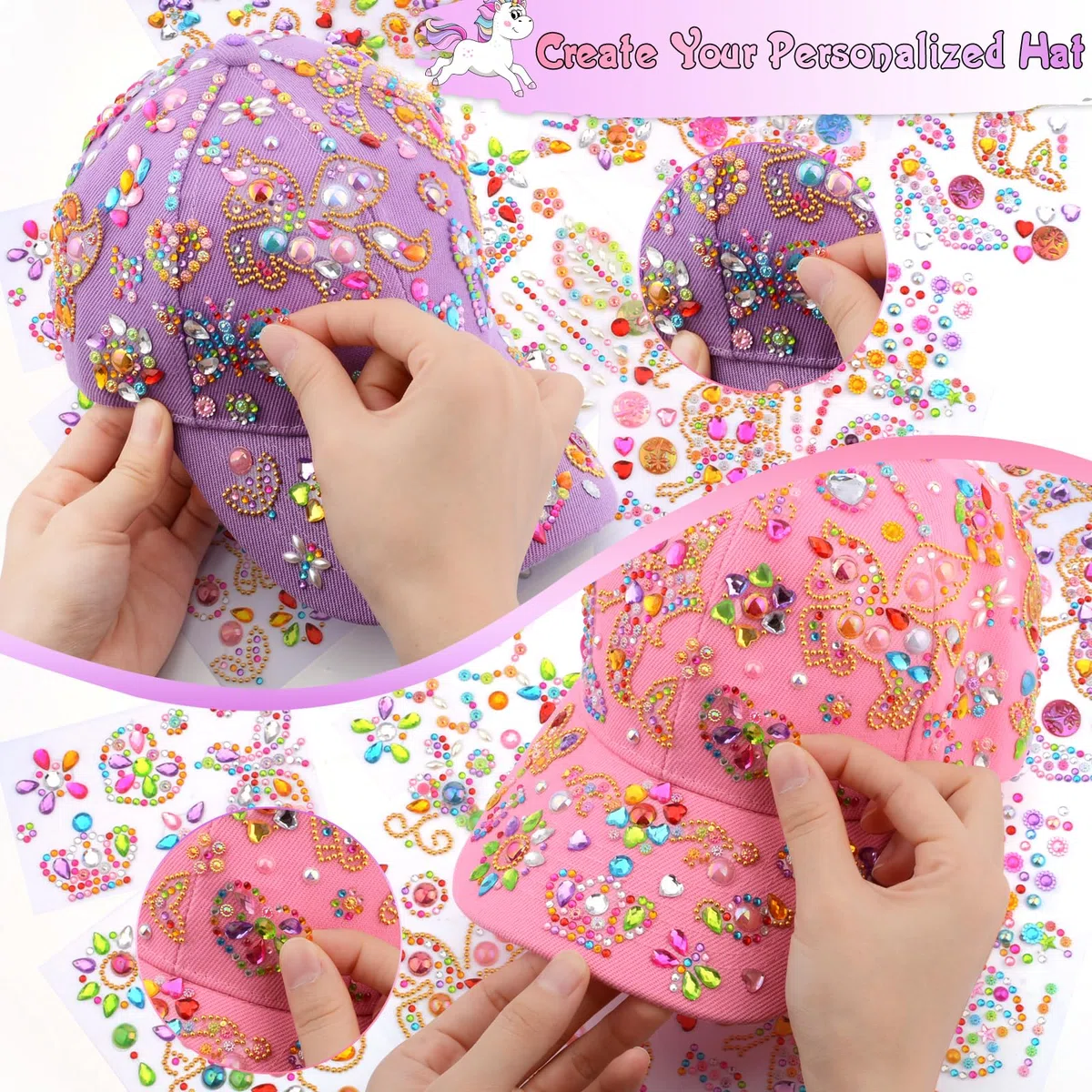 Geschenke für Mädchen DIY Baseballkappe, Kappe Selbst Gestalten mit Diamant Aufklebern, Schulanfang Geburtstag Geschenk Mädchen 4 5 6 7 8 9 10 11 12 Jahre, Baseball Cap Bastelset Hut Kinder Schule