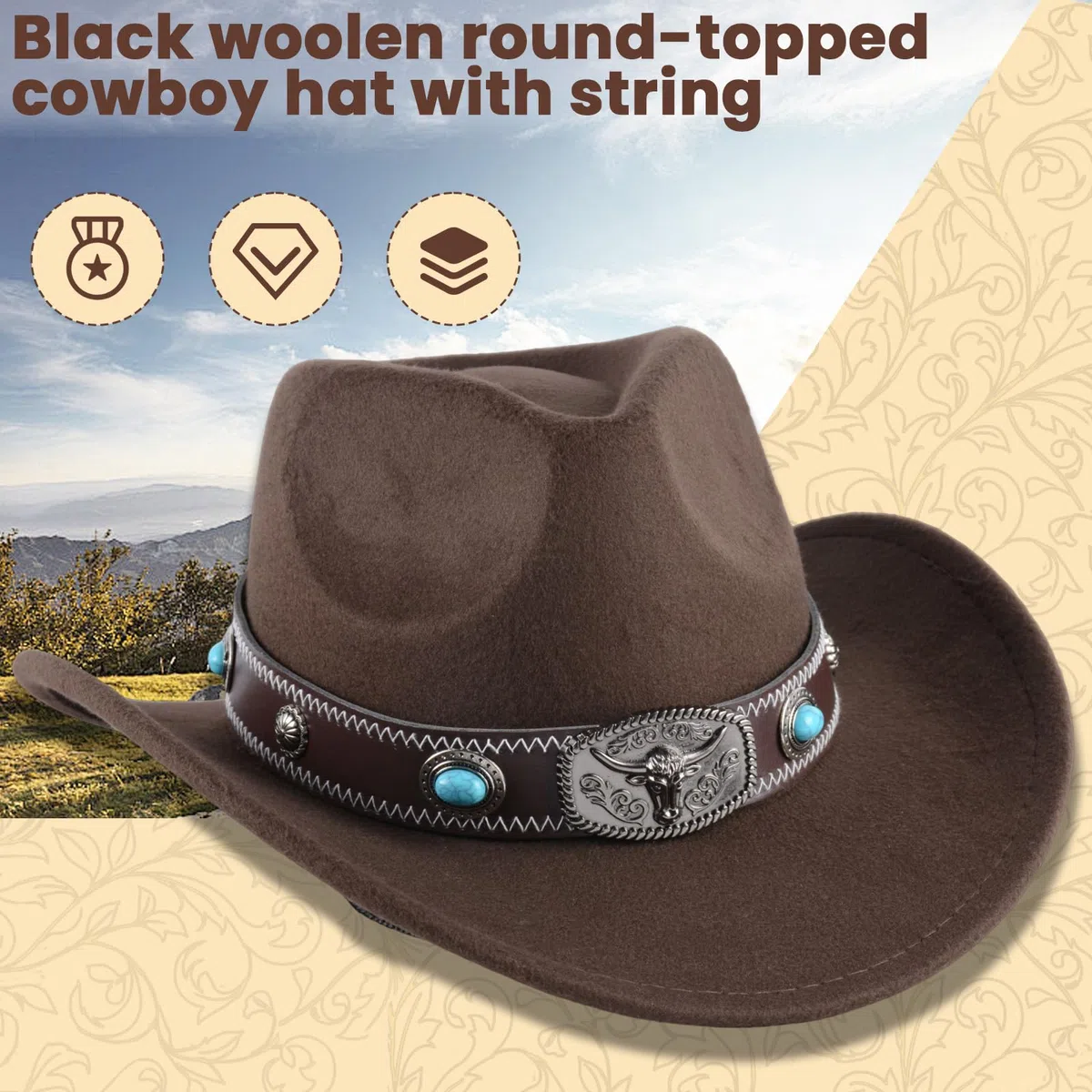 Klassischer Westernhut für Damen und Herren – Einfarbiger Cowboyhut mit Stierkopf-Dekor, Vintage Jazzhut für Erwachsene im Cowgirl- und Western-Stil (Braun B)