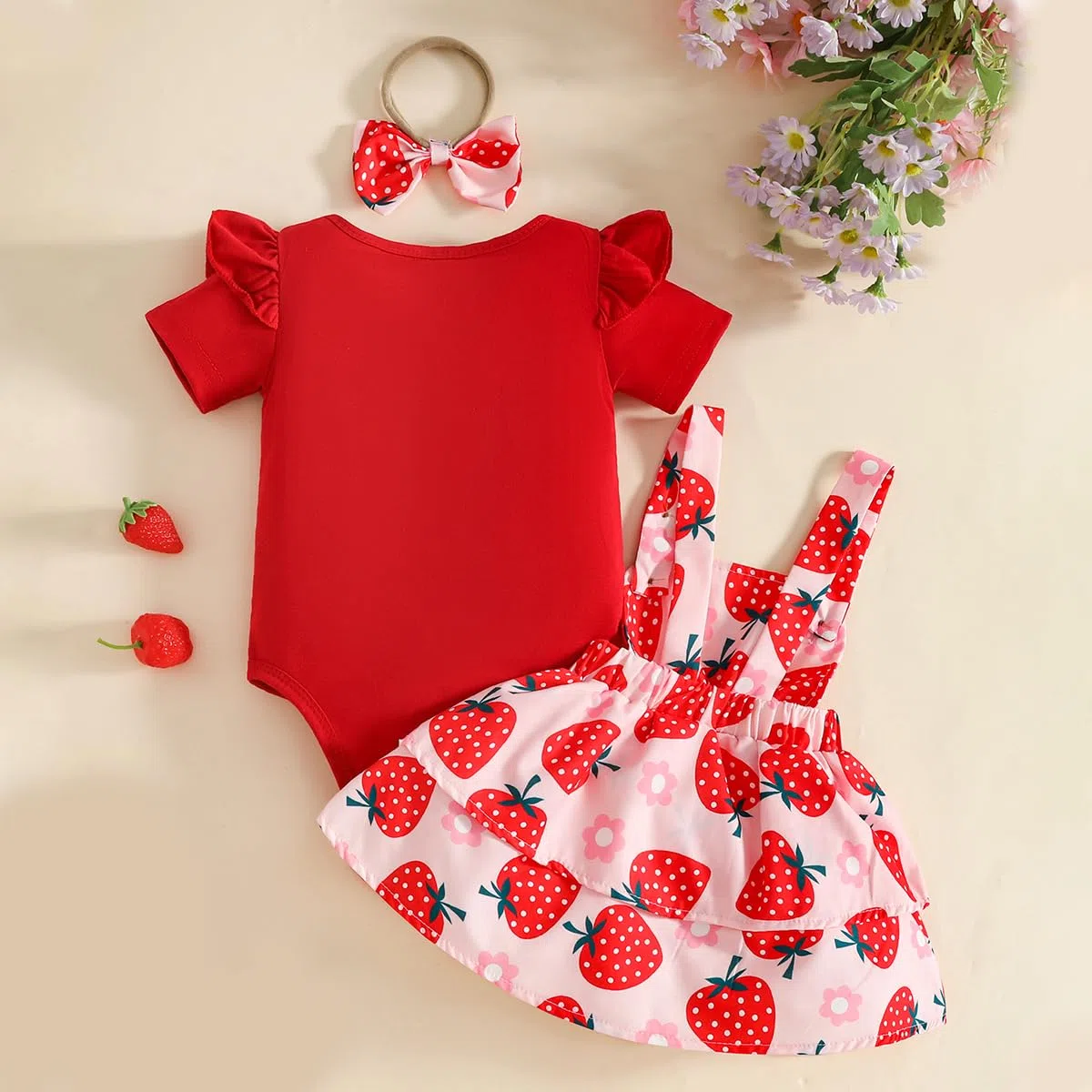 Sommer Herbst Kleidung für Baby Mädchen Niedlicher Süßes Print Kurzarm top mit Trägerrock und Stirnband 3-teiliges Outfit für Neugeborene Set 0-18 Monate