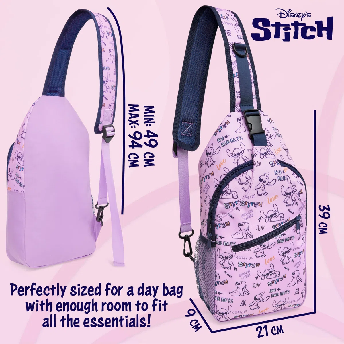 Disney Stitch Sling Bag, Brusttasche Umhängetasche mit Gepolstertem Träger & Mehreren Fächern- Geschenke für Mädchen