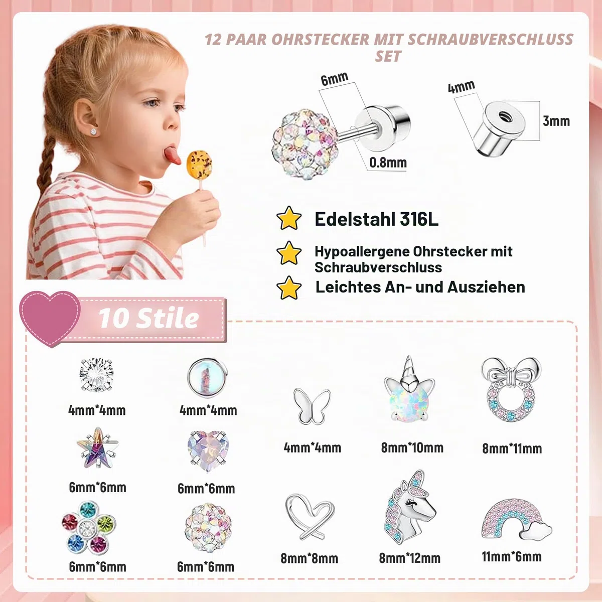LOFITOR 12 Paar Hypoallergene Ohrringe für Damen Mädchen 316L Chirurgenstahl Medizinische Ohrstecker Set Regenbogen Bären Blume Herz Stern Kinder Edelstahl Ohrringe Mädchen Set