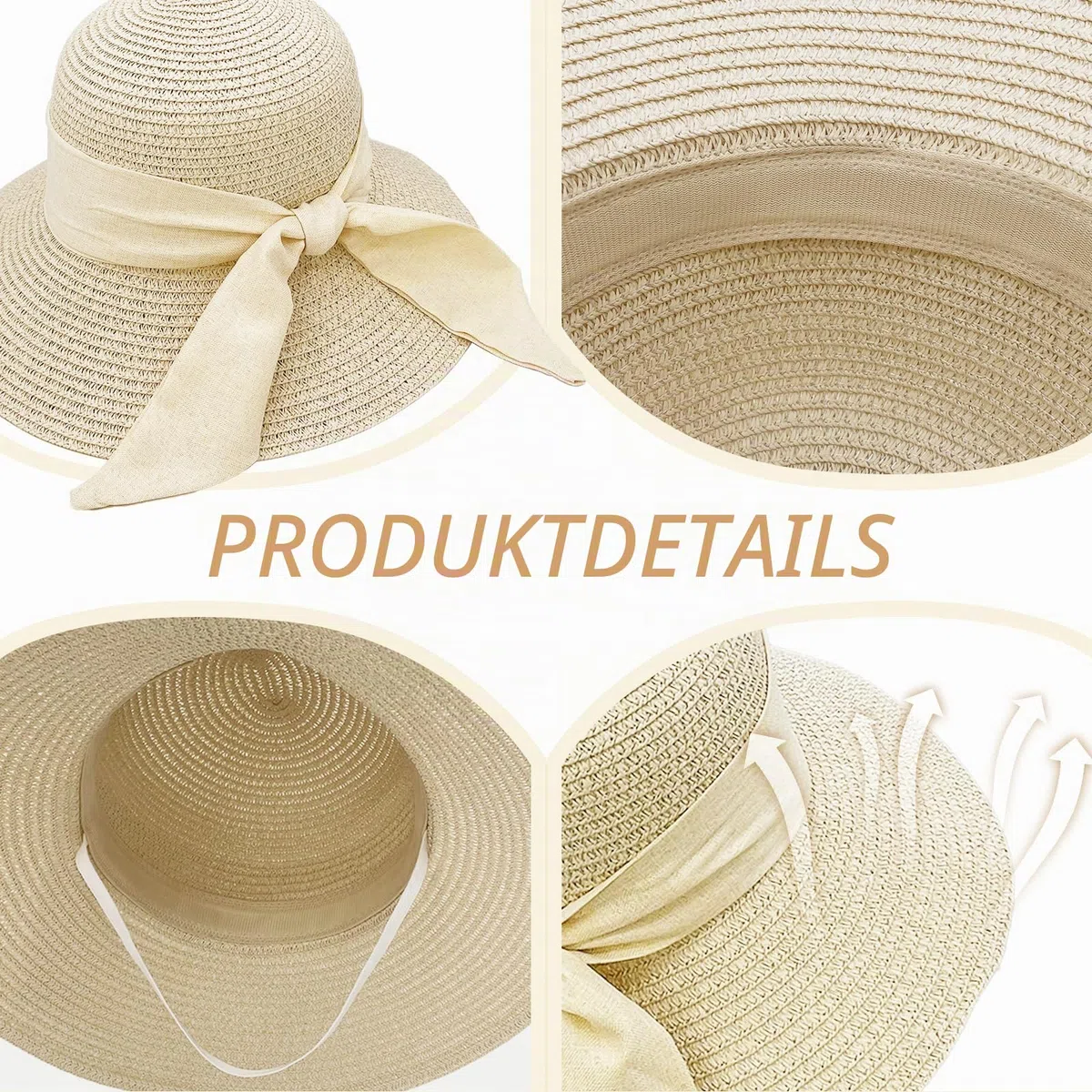Strand Sonnenhut Damen, Strohhut Sommer Faltbar mit Breite Krempe, Bowknot Strohhüte Sommerhut Leicht für Strand Urlaub Reise