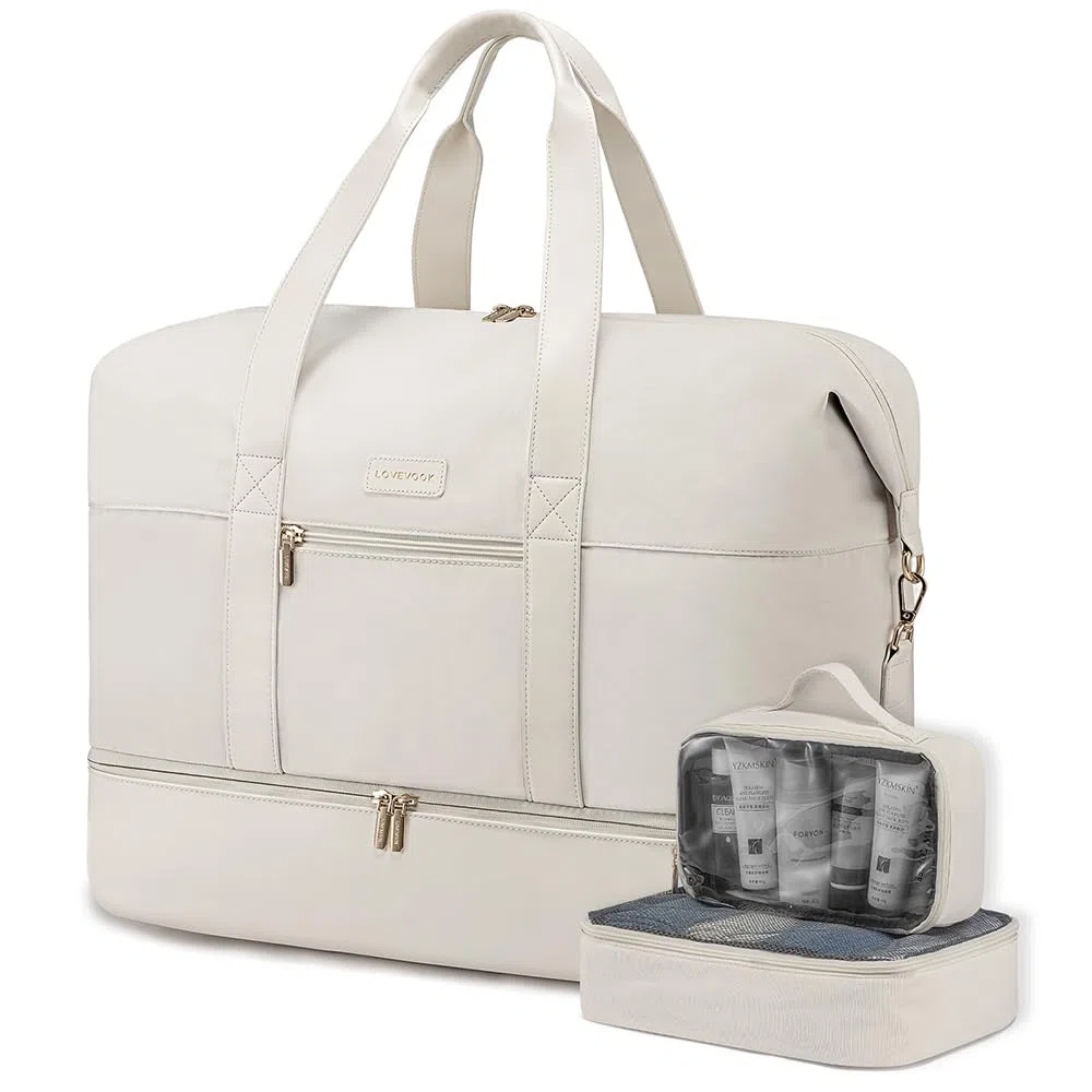 LOVEVOOK Weekender Reisetasche Damen, Sporttasche Handgepäck Tasche 45x36x20, Groß Kliniktasche Geburt, Travel Bag Duffle Bag mit Kulturtasche Schuhfach für Flugzeug Reisen, Beige