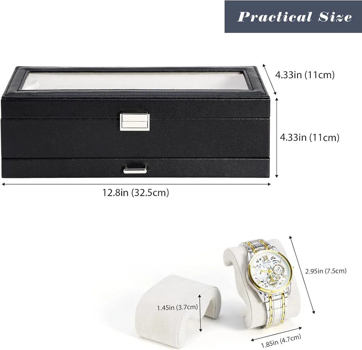 ProCase Uhrenbox mit 6 Fächern，Uhrenkasten mit Glasdeckel, 2 Ebenen, Uhrenkoffer mit herausnehmbaren Uhrenkissen, Uhrenschatulle für Schmuck, Ringe, Armbänder und Halsketten -Schwarz