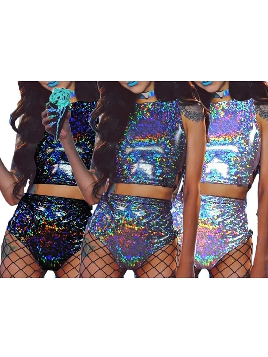 Zweiteiliges Rave-Outfit für Damen, sexy, holografisch, reflektierend, rückenfrei, Tank-Tops und Shorts, Set für Tanz, Festival, Party, Mode, Clubwear