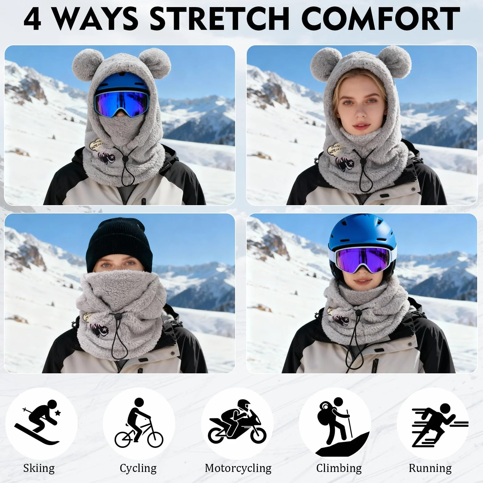 PHOGARY Balaclava für Damen, Plüsch Sturmhaube Mütze, Winter Frauen Skimaske Skimütze, Herren Damen warme Wintermütze Mütze Schal, Panda Balaclava, Grau