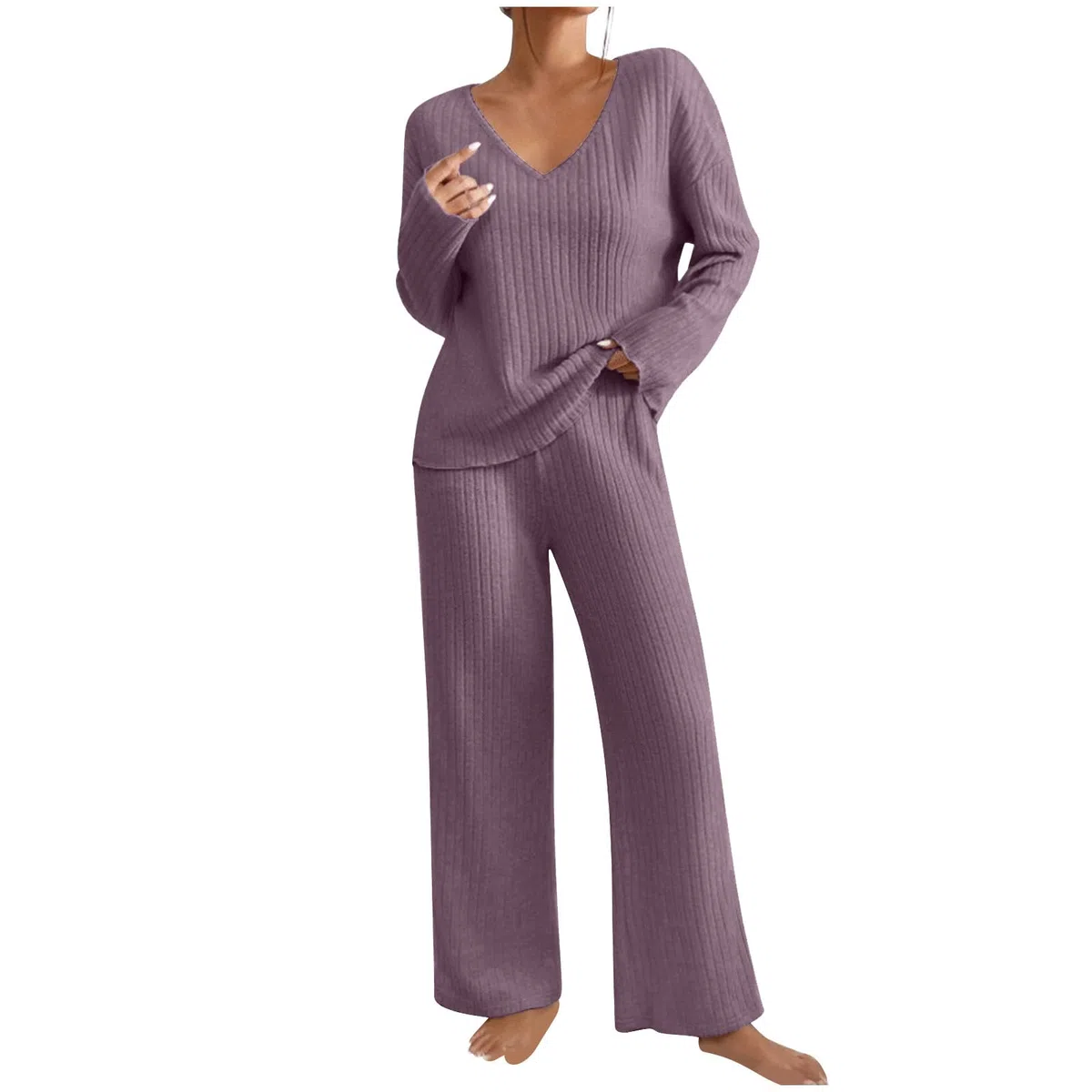 RLEHJN Jogginganzug Damen Set,Lang Gerippt Hausanzug Kuschelig Einfarbig Pyjama Set Elegant Langarm Nachtwäsche Zweiteiler Weich Strickanzug Loungewear Freizeit Trainingsanzug für Herbst Winter
