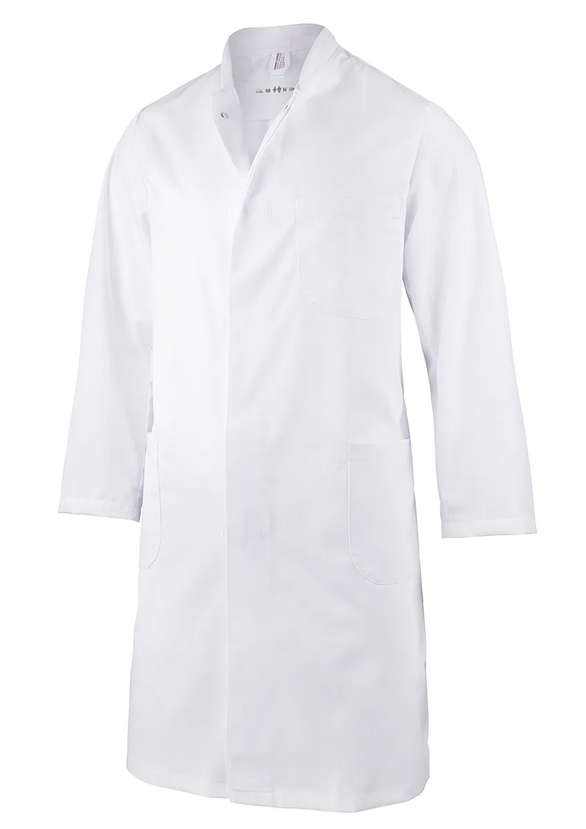 Clinotest Weiße Arztjacke für Herren und Damen, Chemielaborkittel, Mischgewebe, Langarm, verdeckter Druckknopfverschluss, 3 Taschen – Schutzkleidung für Labore