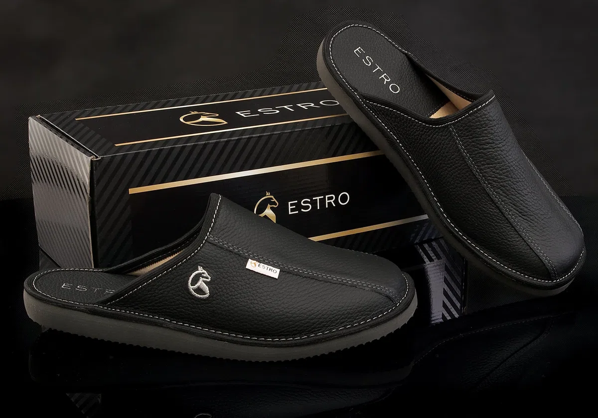 Estro Hausschuhe Herren Leder Herrenhausschuhe - Hausschuh Männer Pantoffel Pantoffeln Pantoletten Slipper Mann