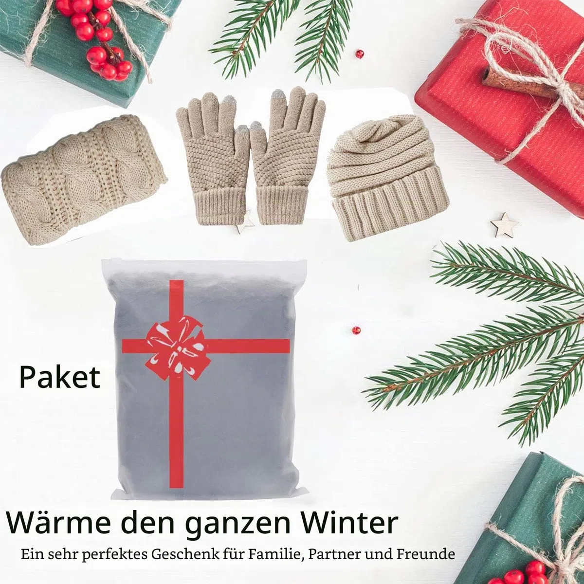 CheChury Winter Schal Strickmütze Kombiset Strickset Beanie Handschuhe Damen Schal Mütze Handschuhe Set Gestrickt Geschenkset Touchscreen-Handschuhe