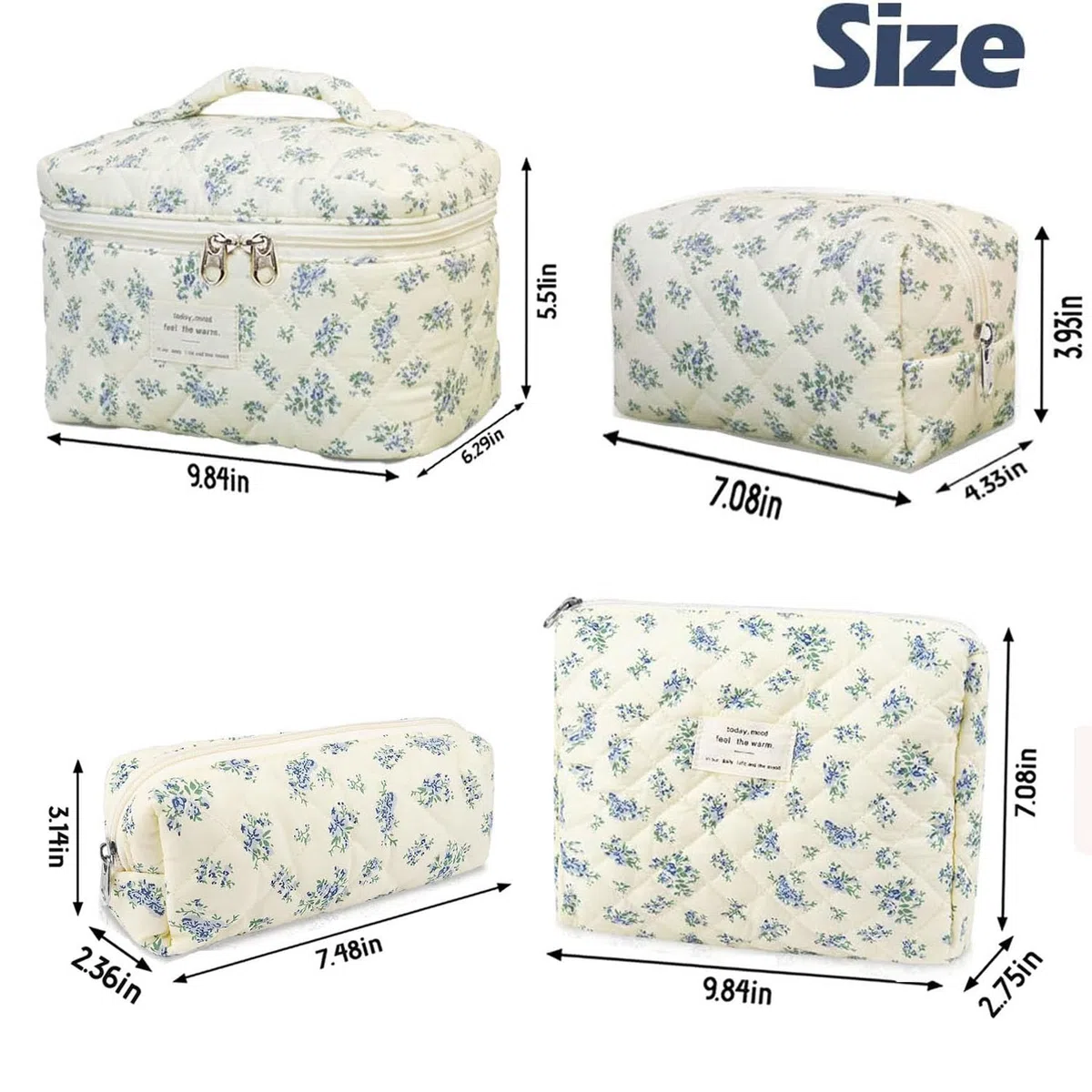 4er Set Kosmetiktasche Blumen MäDchen,Kulturtasche Damen,Gesteppte Make Up Tasche,Baumwolle Kulturbeutel Set,Coquette Make Up Bag Aesthetic Stuff Clean Girl,Cosmetic Bag
