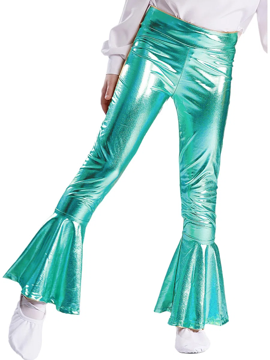 Kinder mädchen metallic Hose Glitzer Schlaghose Weites Bein High Waist Tanzhose Stretch Yogahose Disco Festival Outfit