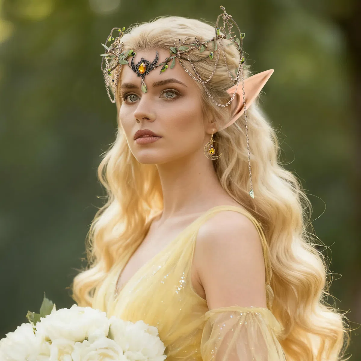 MOSTORY Elfenohren Kopfschmuck Ohrringe Damen Set, Diadem mit Quasten und Mond für Cosplay Karneval Renaissance Kostüm