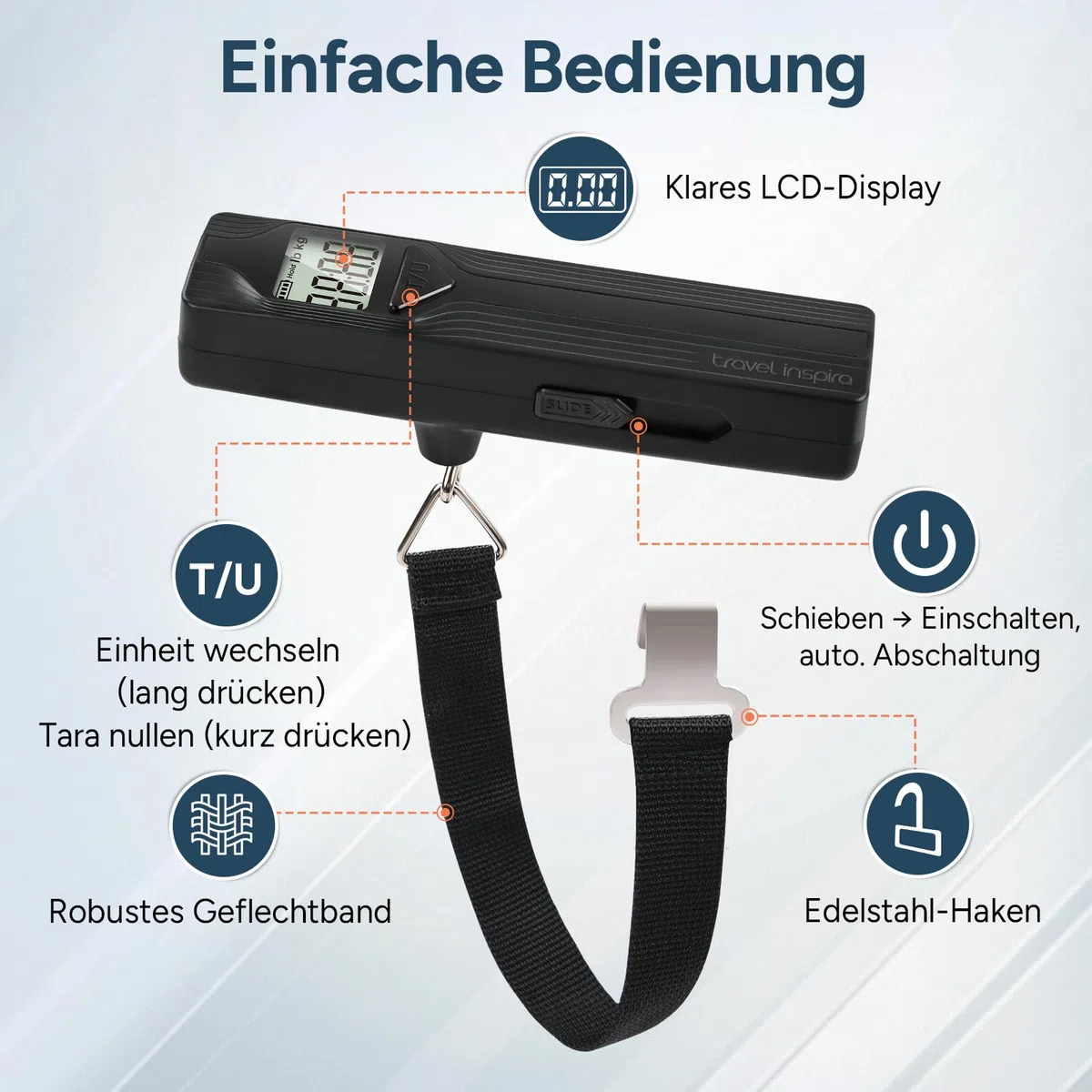 travel inspira Kofferwaage ohne Batterie – Digitale Kofferwaage mit Haken bis 50 kg, Handkurbel-Reisewaage, LCD-Display, Tara & Hold-Funktion (Schwarz)