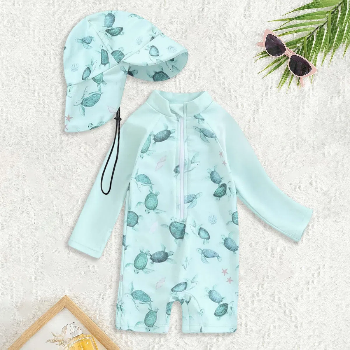 UV Badebekleidung Baby Badeanzug mit Sonnenhut UPF 50+ Schutzkleidung mit Reißverschluss UV Anzug Langarm Cartoon Einteiler Unisex Neoprenanzug Schwimmanzug Badeanzug für Junge Mädchen Badekleider