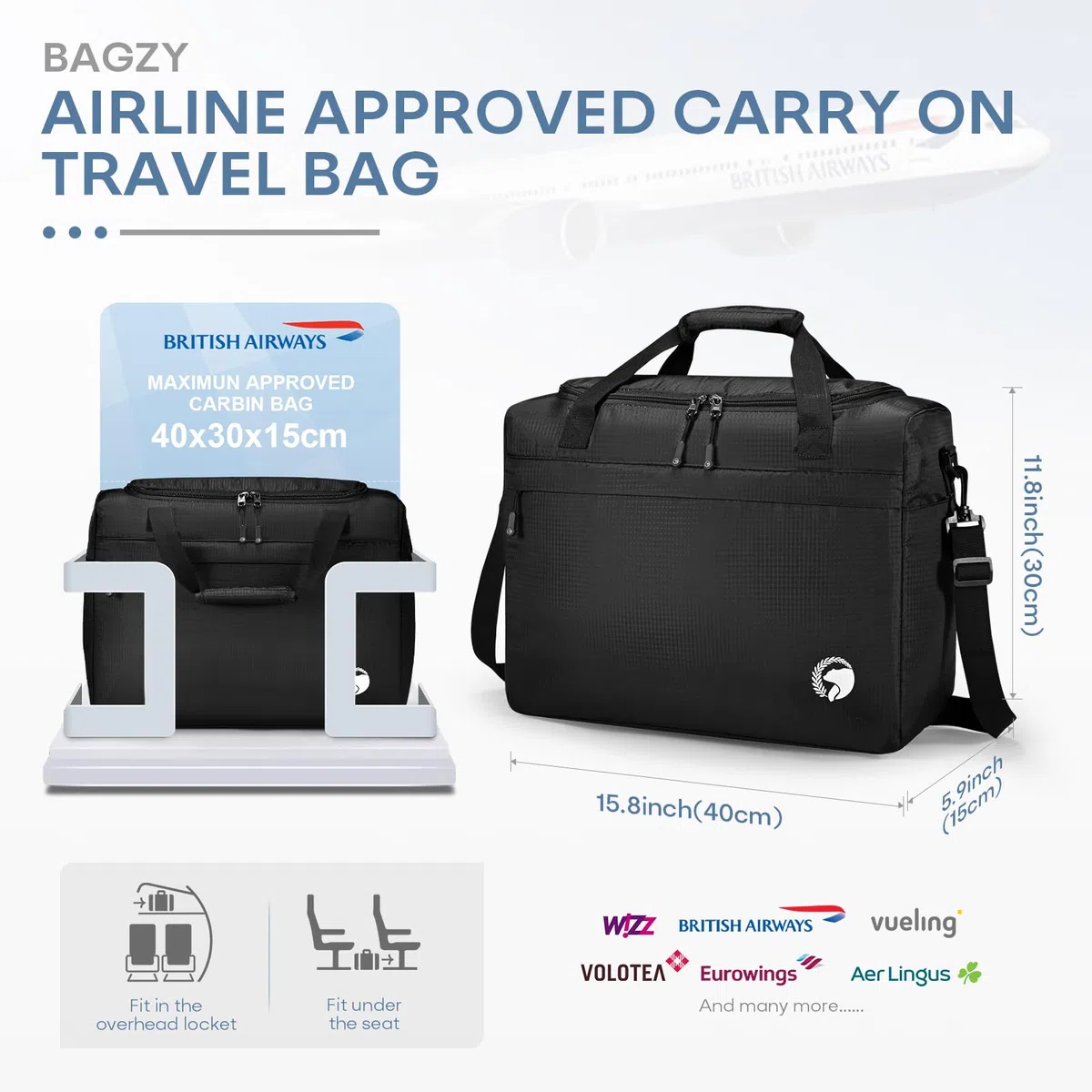 BAGZY Handgepäck 40x30x15 cm British Airways KLM Air France Handgepäck Tasche für Flugzeug 40 x 30 x 15 Faltbare Reisetasche Wasserdicht Carry on Luggage Underseat Bag für Weekend Sport Herren Damen