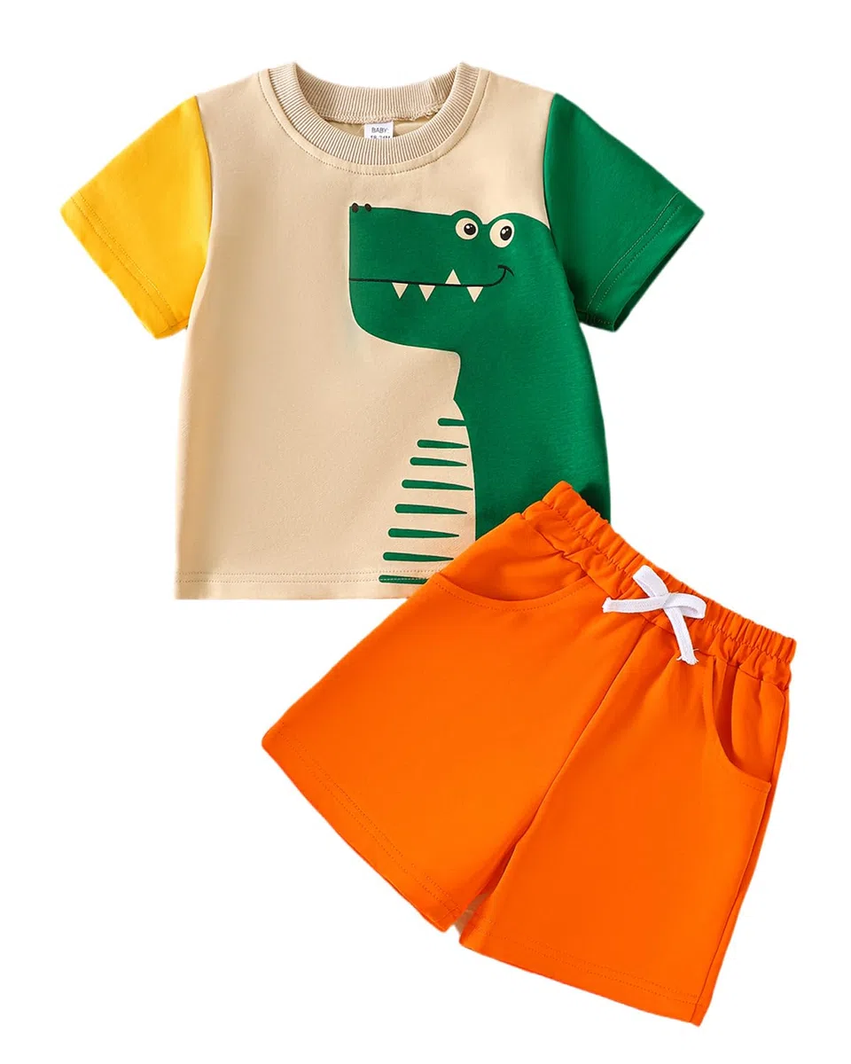 FishingDino Baby Kleidung Jungen Set Gr 86-110, Sommer Kinder Anzug Set Junge mit Dino & Bagger, Kurzarm T-Shirt & Shorts Bekleidungssets für Jungen 1-4 Jahre