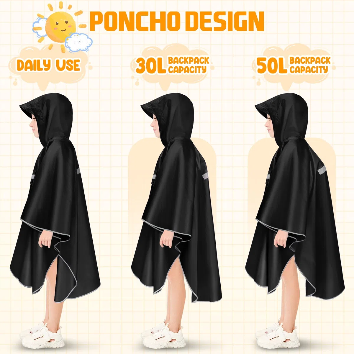 Regencape Kinder, Unisex Regen Poncho Wasserdicht Regenponcho Regenkleidung Kinder Mit Reflektierender Poncho Regen Leichter Regenjacke 120-160cm