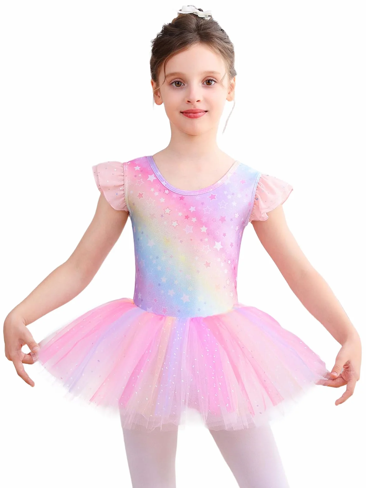 Bezioner Ballettkleid Mädchen Gedruckt Ballettkleidung Funkelnd Tanzkleid Ballettanzug Balletttrikot Kurzarm Tütü Kinder