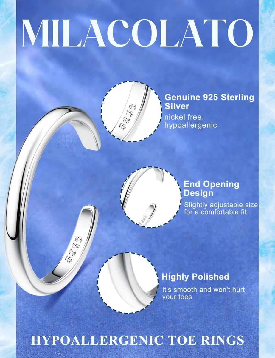 MILACOLATO 3PCS 925 Sterling Silber Zehenringe für Damen Verstellbare Mondstein Band Schwanz Offene Zehenringe Damen Strand Fußschmuck Set