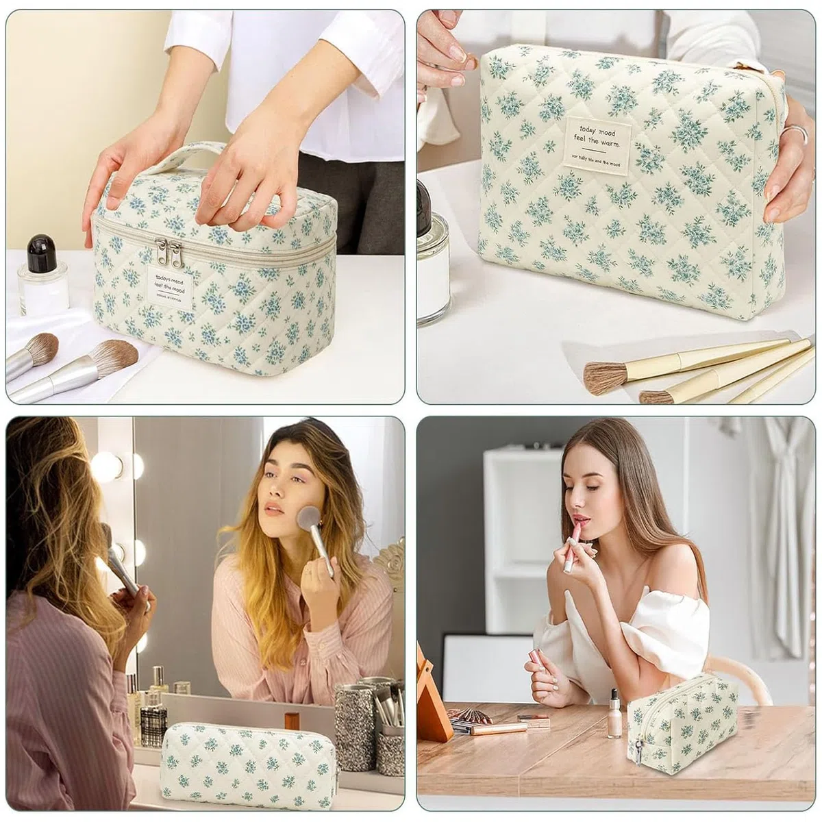 4er Set Kosmetiktasche Blumen MäDchen,Kulturtasche Damen,Gesteppte Make Up Tasche,Baumwolle Kulturbeutel Set,Coquette Make Up Bag Aesthetic Stuff Clean Girl,Cosmetic Bag