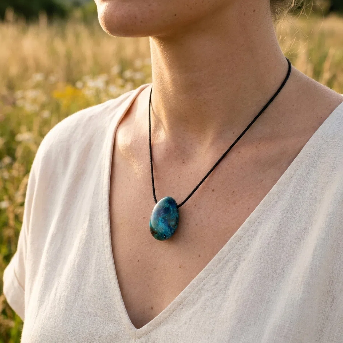 Lebensquelle Plus Chrysokoll Tropfenanhänger | Gebohrter Trommelstein Tropfen Anhänger mit Baumwollband | Hochwertiger Edelsteinanhänger