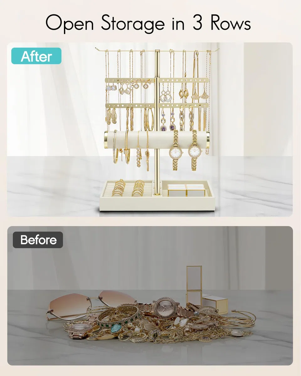VLANDO Schmuck Organizer 4 Etagen Schmuckständer Gold mit Kunstleder Armbandhalter - Schmuckaufbewahrung Display für Halsketten, Uhren, Ringe, Ohrringe, Armbänder, Armreifen, Sonnenbrillen