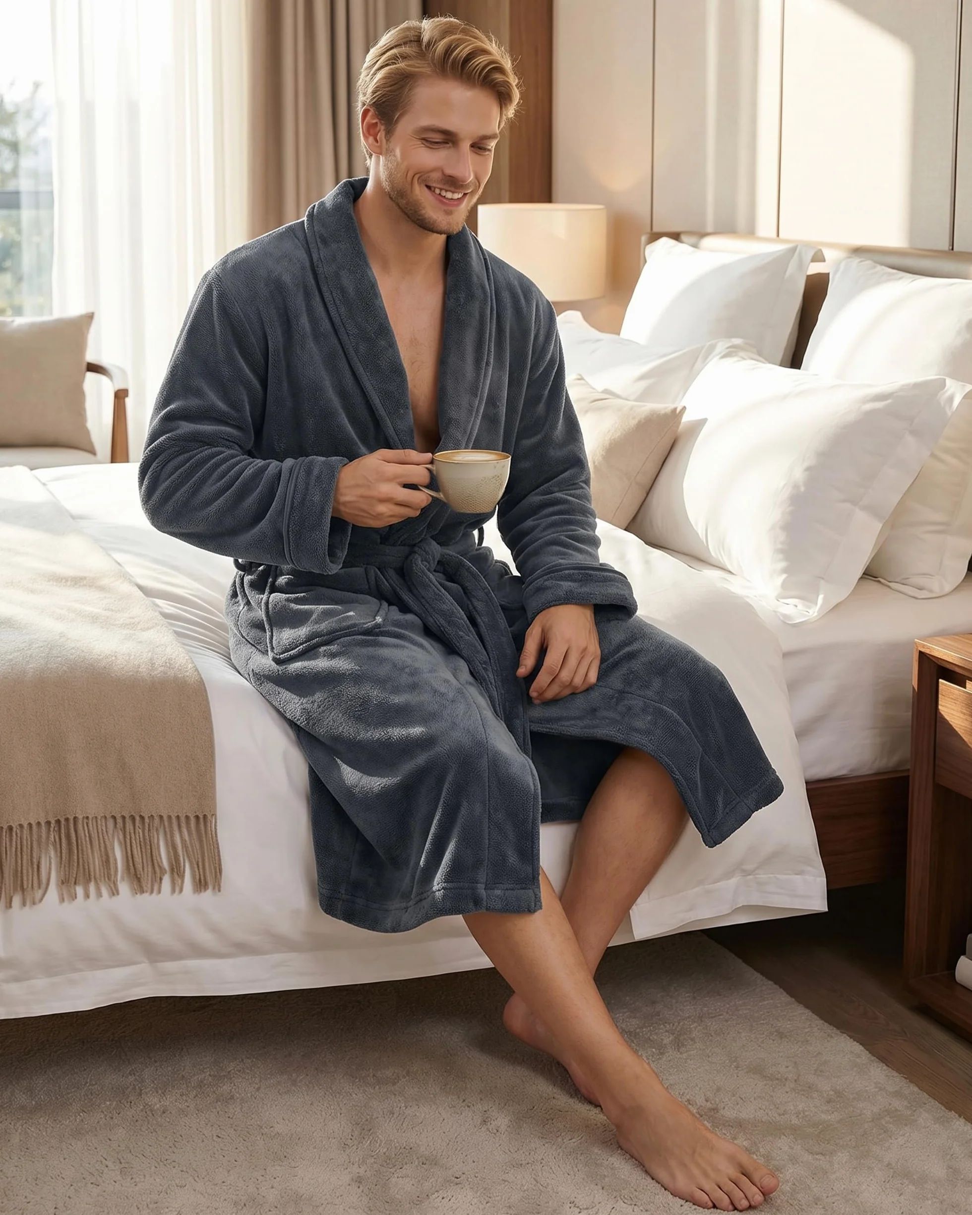NY Threads Bademantel Herren Flauschig Fleece Kuschelig weich Schalkragen Morgenmantel fur männer