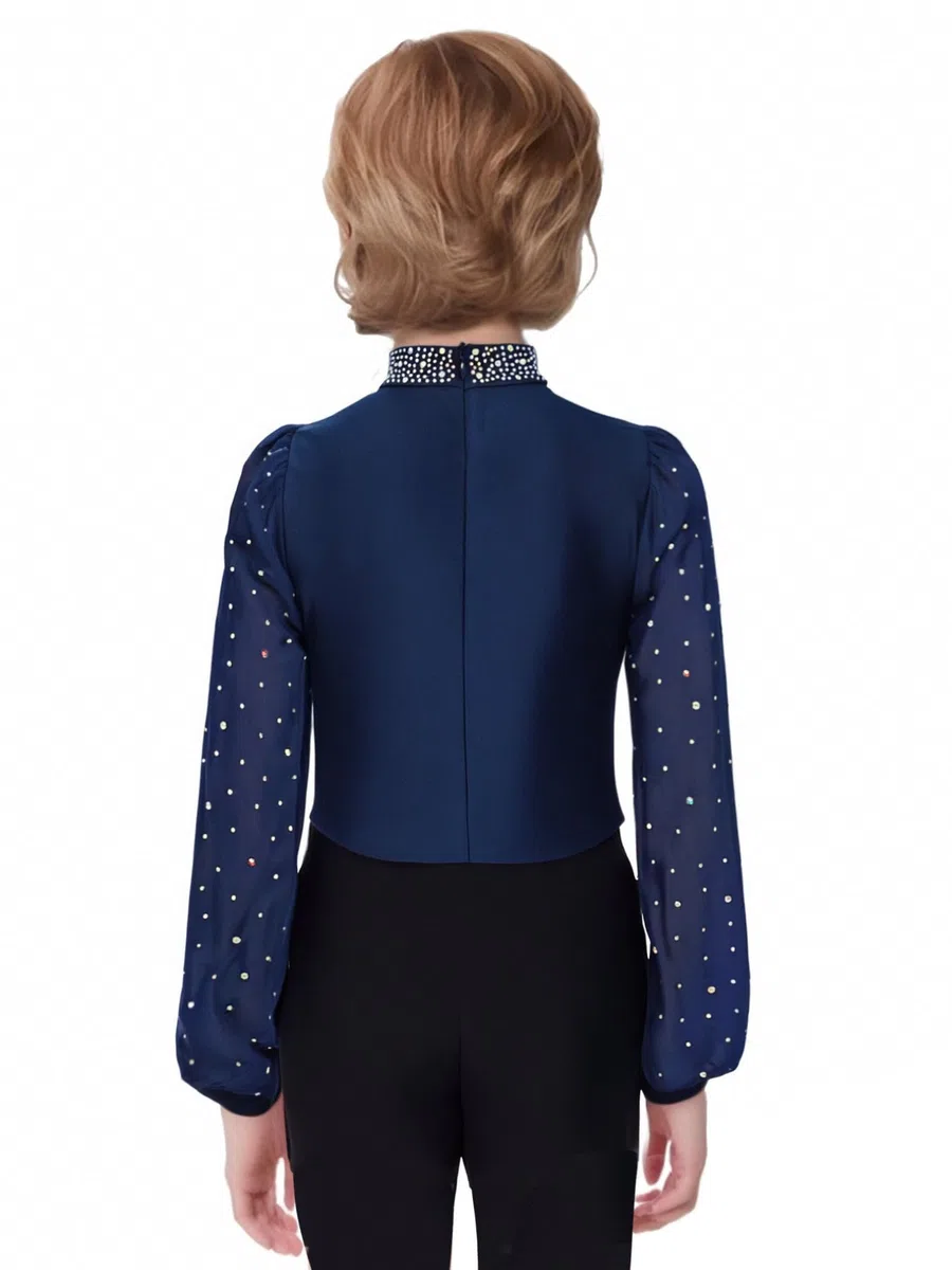 FEESHOW Jungen Turnanzug Langarm Glitzer Strass Latein Tanz Hemd Body Ballett Trikot Mit Stehkragen Kinder Ballsaal Modern Dancewear
