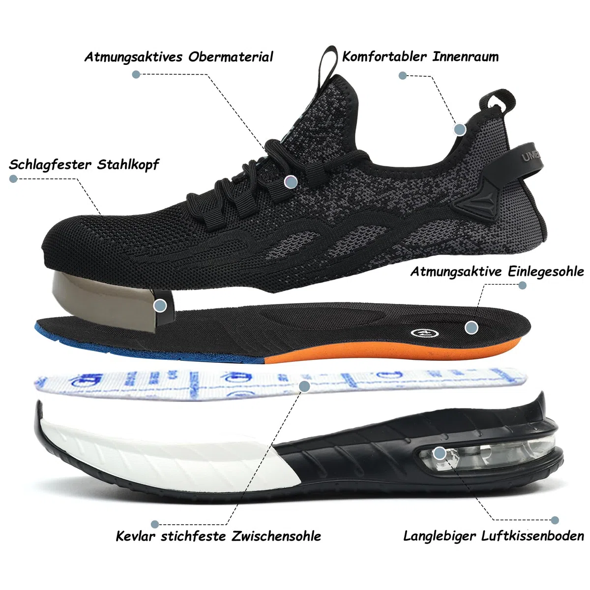 Sicherheitsschuhe Damen Leicht Sportlich Arbeitsschuhe Herren Atmungsaktiv Stahlkappenschuhe rutschfest Schutzschuhe mit Stahlkappe