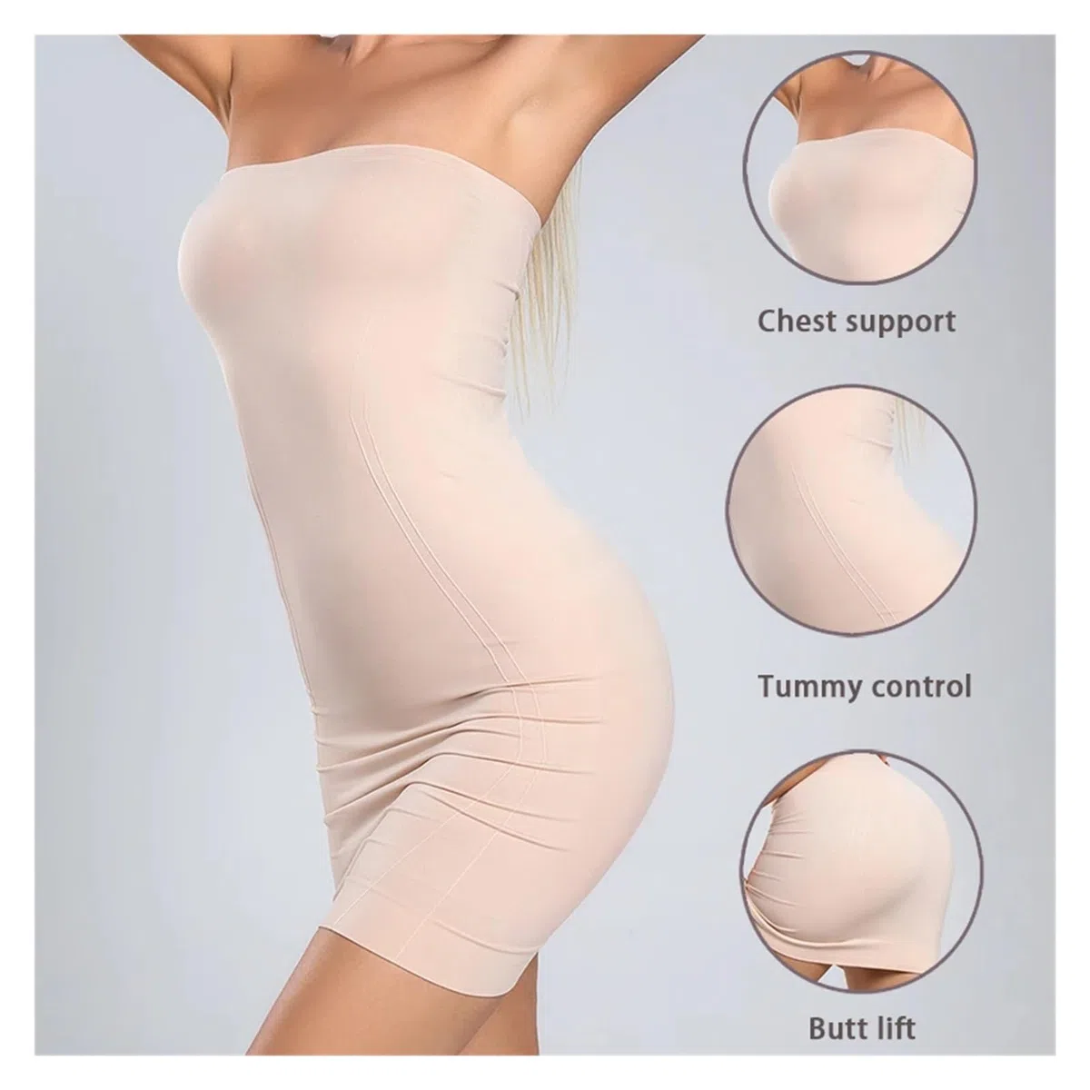 Shapewear Kleid Trägerloser Shapewear-Body Shaper for Frauen, Bauchkontrolle, voller Slip, Shapewear unter dem Kleid(L)