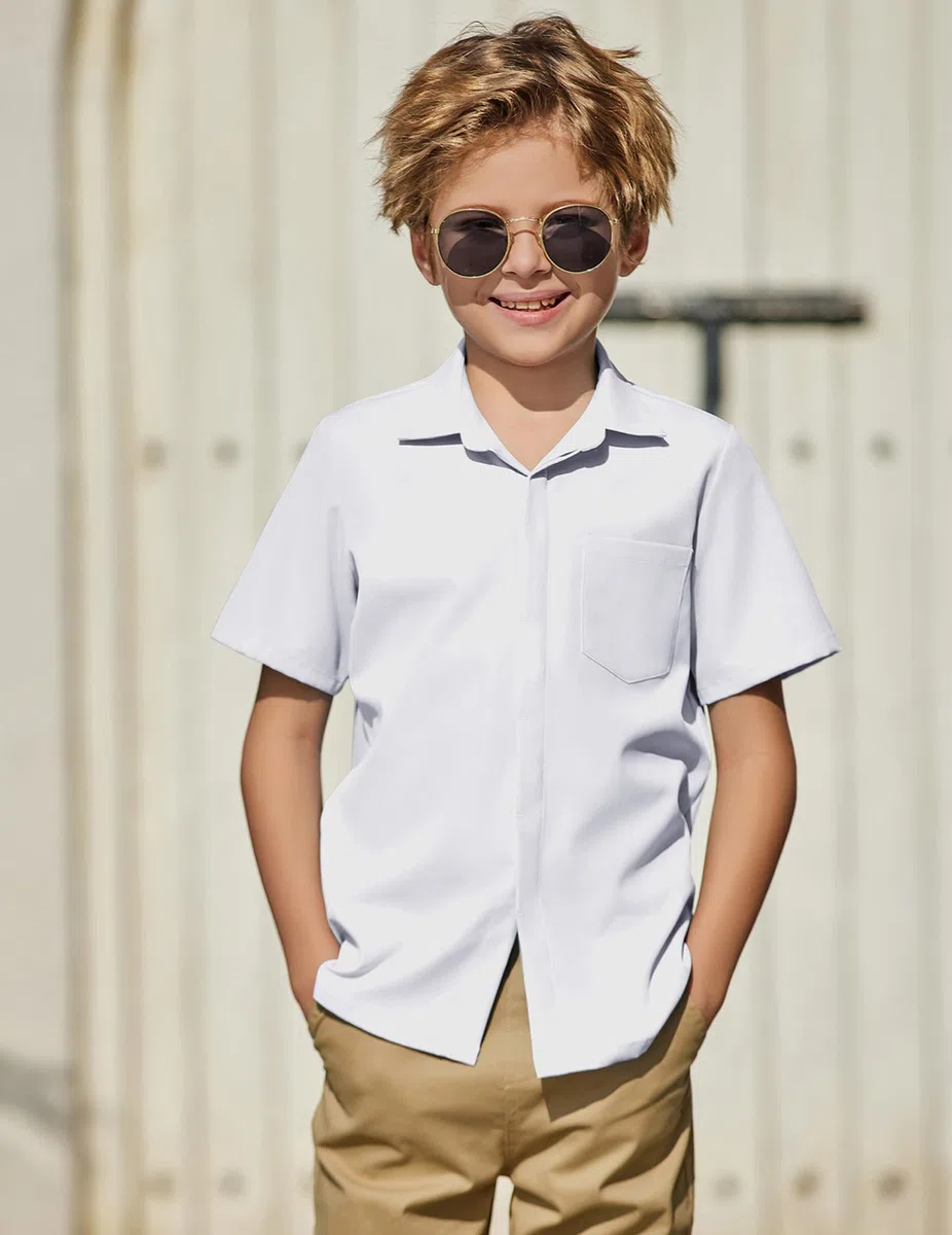 Arshiner Jungen Hemd Sommer Knopfleiste Shirt Kurzarm Kinderhemd Einfarbig Formale Schuluniform Kinder Freizeithemd Mode Oberteil mit Brusttasche 5-12 Jahre