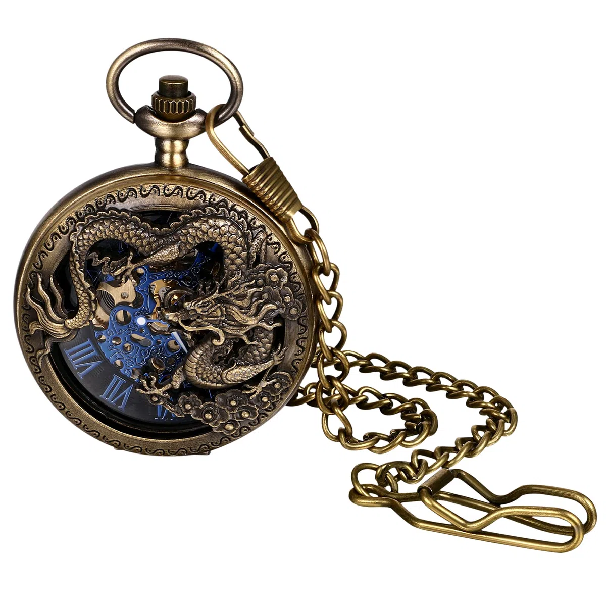 JewelryWe Taschenuhr Automatik Mechanische Herren Retro Römischen Ziffern Steampunk Skelett Uhr mit Kette