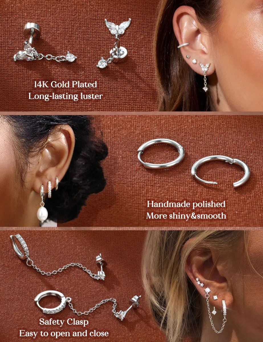 Adramata Ohrringe Gold Set Chirurgenstahl Ohrringe für Damen Hypoallergen Ohrring Creolen Ketten Ohrring Hängend Flatback Medizinische Ohrstecker Set Gold Silber Knorpel Conch Tragus Helix Piercing