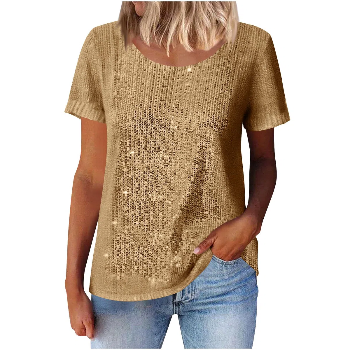 Glitzer T-Shirt Damen Pailletten Druck Bluse Modisches Pullover Glitzer Print Oberteile Rundhals Tunika Tops Kurzarm Shirt Farbverlauf Pulli Locker Atmungsaktiv Streetwear Karneval Kleidung