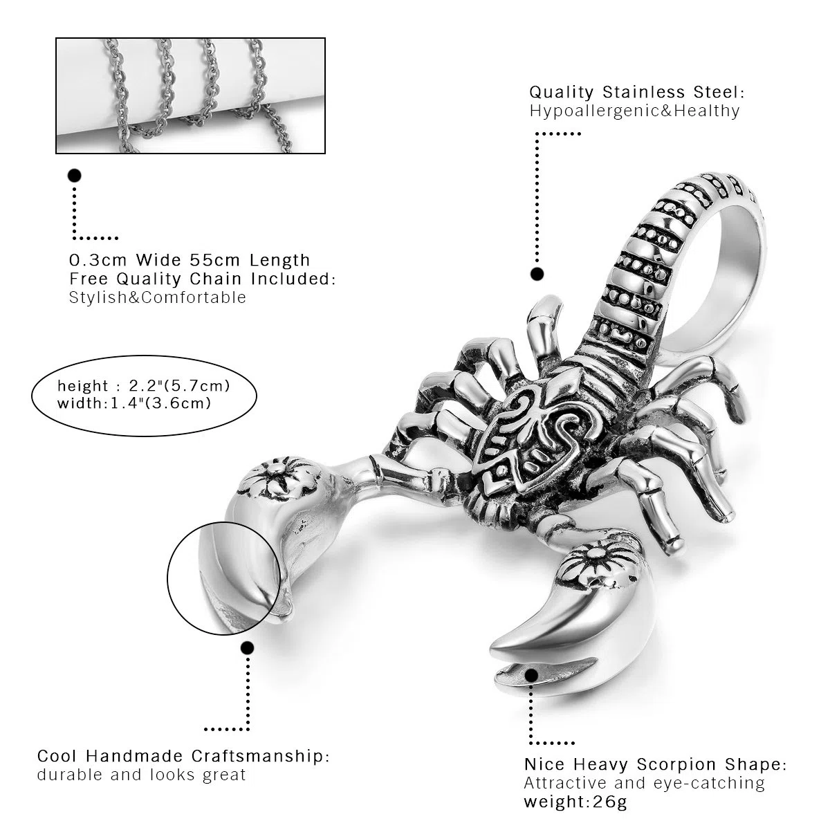 OIDEA Herren Halskette mit Skorpion Anhänger: Gold/Silber Scorpio Kette aus Edelstahl Biker Schmuck Geschenk für Männer Jungs
