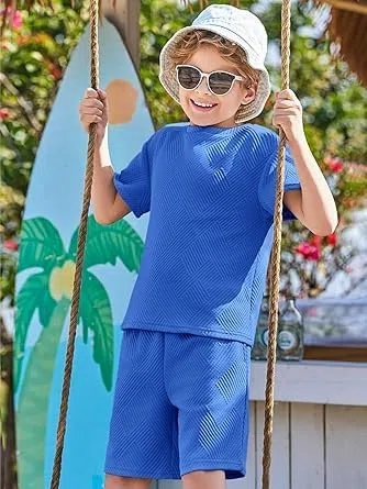 Haloumoning Jungen Bekleidungssets Sommer Einfarbig Kurzarm T-Shirt mit Elastisch Shorts Lässig Kleidung Sets mit Struktur