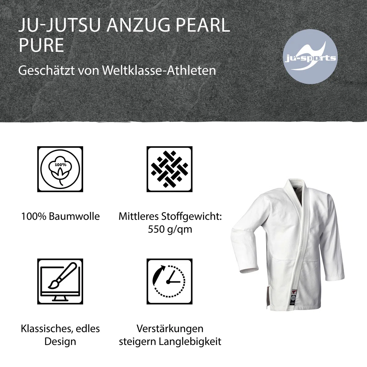 Ju-Sports BJJ Gi Pearl Pure weiß - Schmal geschnittener Brazilian Jiu Jitsu Anzug für Herren, 100% Baumwolle, Stoffgewicht 550 g/qm in Pearl-Webung