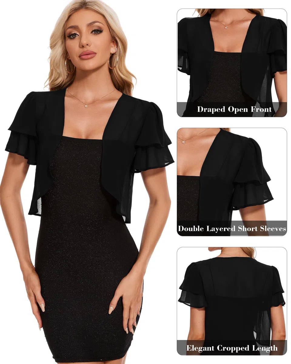 Damen Chiffon Bolero Elegant Festlich Bolerojacke Kurze Ärmel Cardigan Sommer Strickjacke Leichte Schulterjacke Shrug